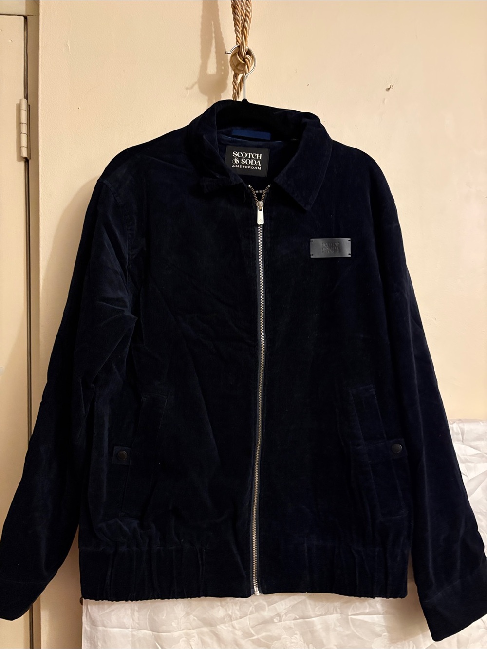 Scotch & Soda Dark Navy Corduroy Zip-Up Bomber Jacket. Cotton
